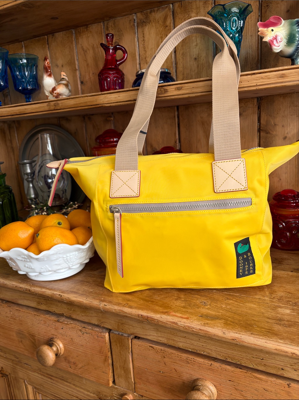 Nwt - Dooney & Bourke Lemon Yellow Tote With Tan Straps And Front Zip